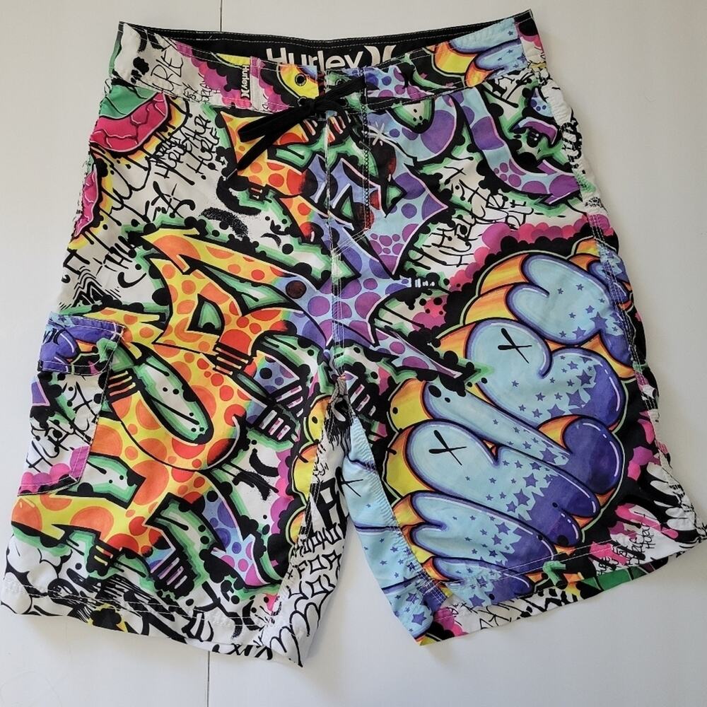 Hurley Mens L Vibrant Graffiti Skater Summer Vacation Board Swim Shorts